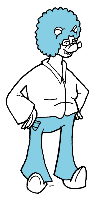A big shrew-like lady with a blue afro and glasses, and a white dress shirt.